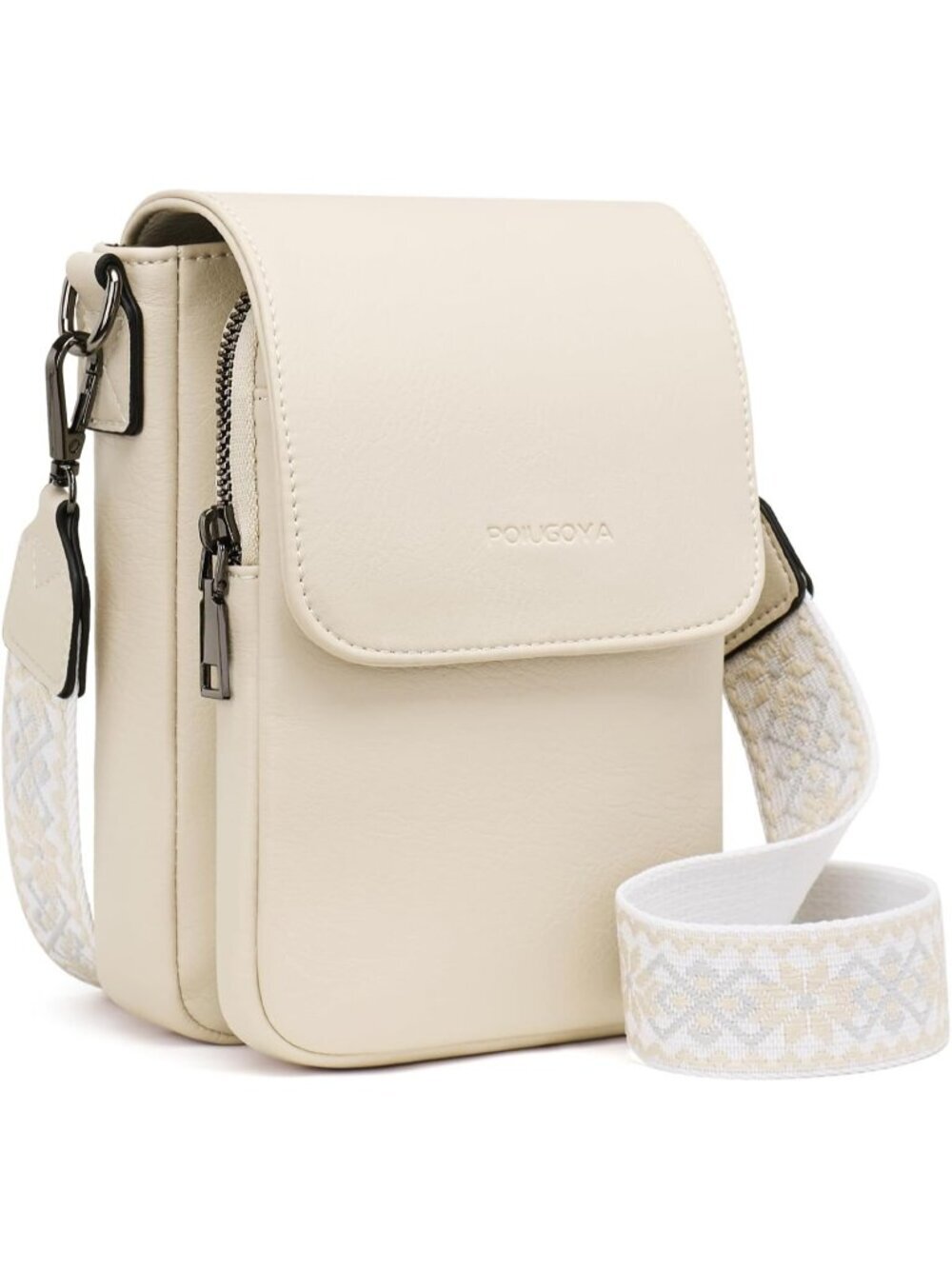 POIUGOYA Women's Apricot Leather Triple Compartment Cell Phone Crossbody Bags